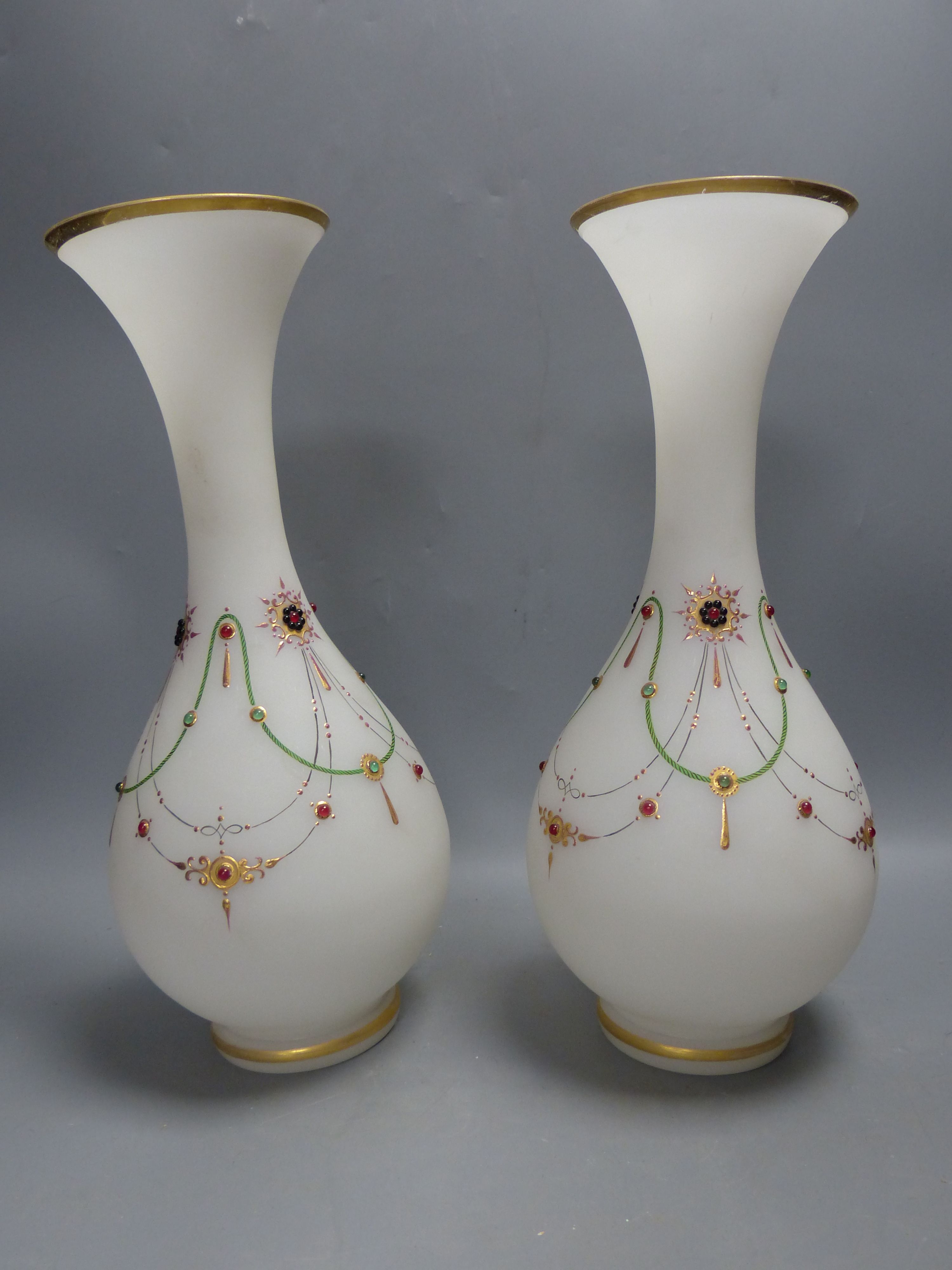 A pair of French or Bohemian frosted opaline jewelled glass vases, height 34cm